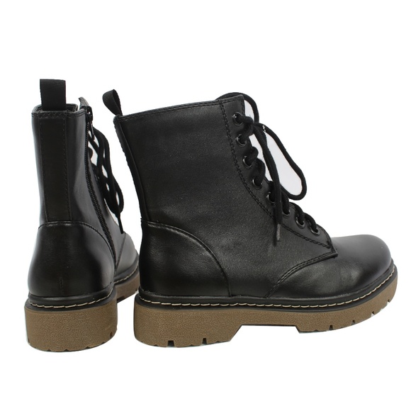 Black Faux Leather Lace Up Lug Sole Military Boot - Picture 4 of 8